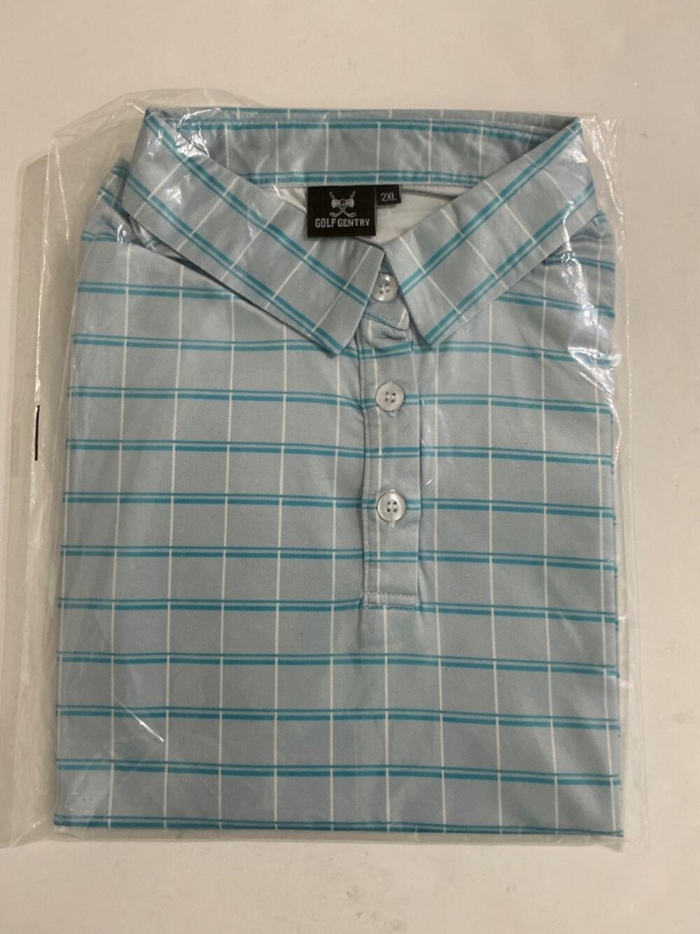 Golf Gentry Men's 2XL Polo Shirt Light Blue Teal Windowpane Plaid Golf Performan